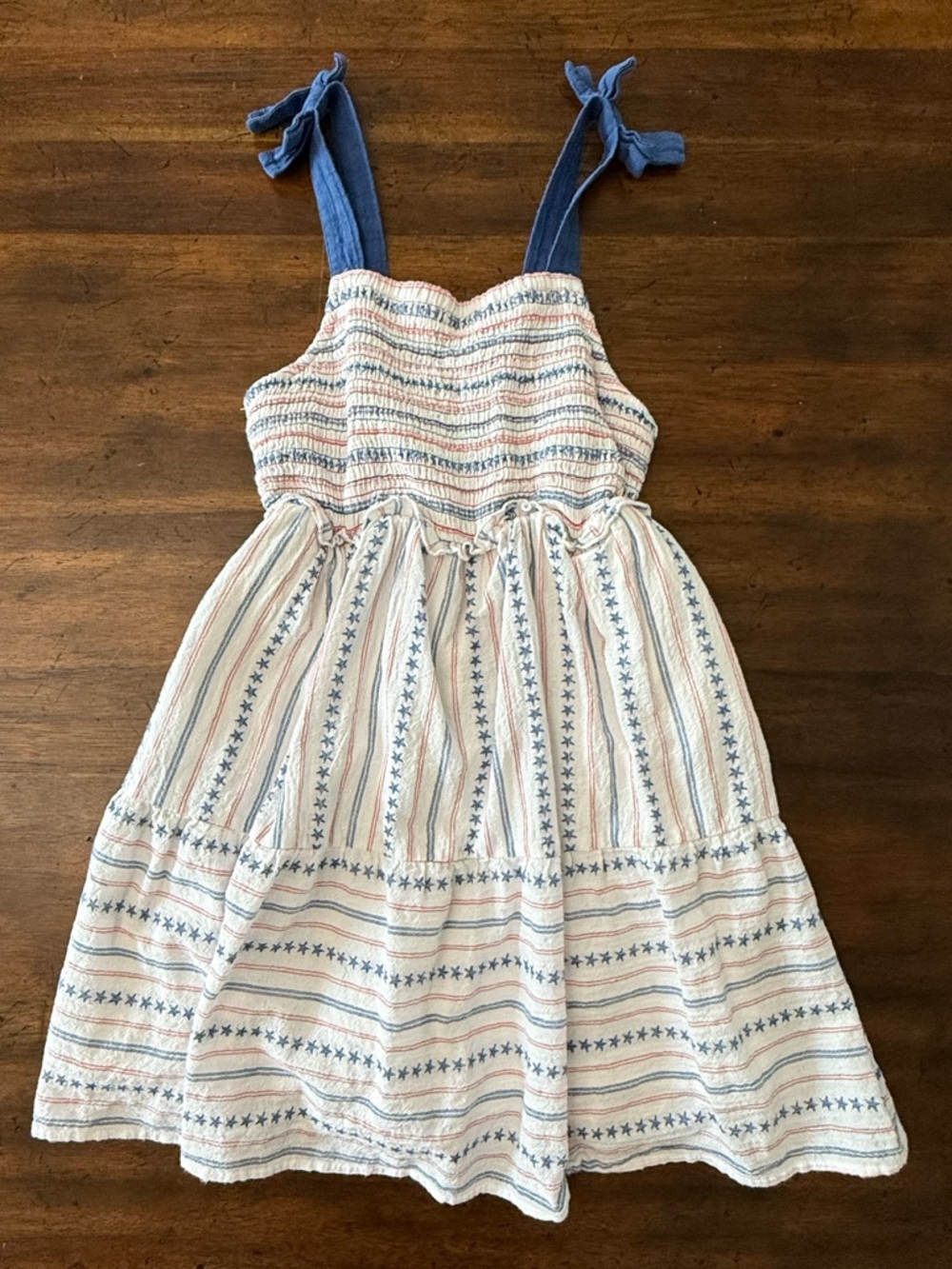 Cat & Jack Cream Dress with Blue Tie Straps and Stripe Detail Size L 10/12